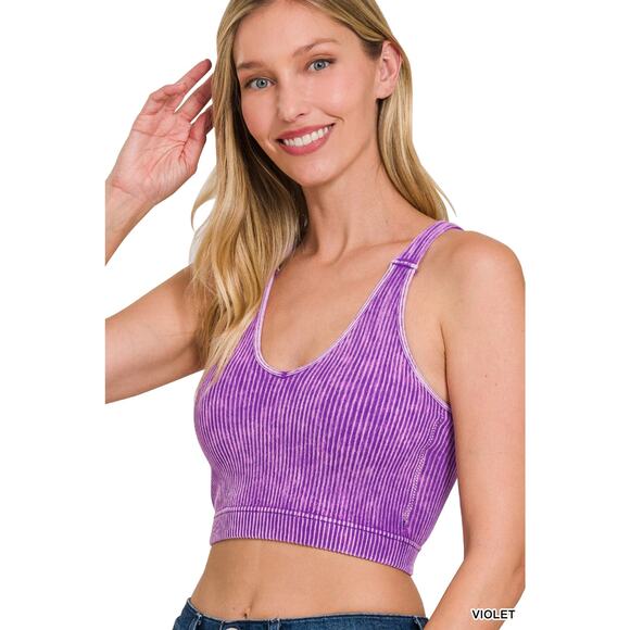 ROSLYN VIOLET WASHED RIBBED CROPPED SEAMLESS BRA PADDED TANK TOP - L/XL - Picture 1 of 1